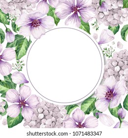 Floral background (apple tree flowers, hydrangea) in watercolor style isolated on white. Template for invitation card. Square composition. Place for text. Art vector illustration.