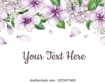 Floral background (apple tree flowers, hydrangea) in watercolor style isolated on white. Template for invitation card. Square composition. Place for text. Art vector illustration.