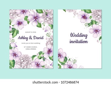 Floral background (apple tree flowers, hydrangea) in watercolor style isolated on white. Template for wedding card. Square composition. Place for text. Art vector illustration.