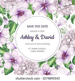 Floral background (apple tree flowers, hydrangea) in watercolor style isolated on white. Template for wedding card. Square composition. Place for text. Art vector illustration.
