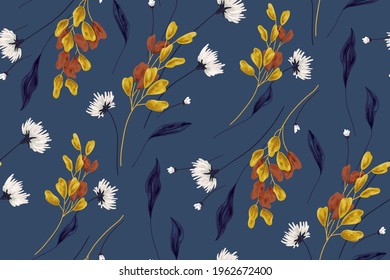 Fondo floral, ambiente de invierno otoño. Patrón sin foco con flores silvestres dibujadas a mano. Composición abstracta, vector.