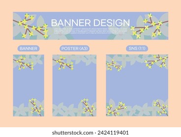banner de fondo floral tamaño de afiche ilustración vectorial (flor de cerezo, forsythia)