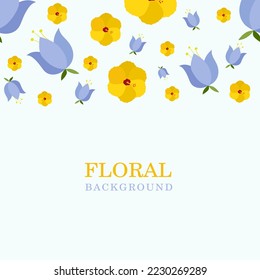 Floral background with bell and hibiscus. Floral banner on blue background with space for text. vector illustration