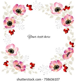 Floral background. Berries. Dog-rose. Vector illustration. Pink flowers. Frame. Border. Briar.

