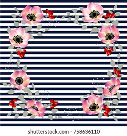 Floral background. Berries. Dog-rose. Vector illustration. Pink flowers. Frame. Border. Strips. Briar.