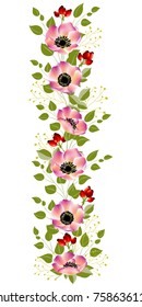 Floral background. Berries. Vertical pattern. Dogrose. Vector illustration. Pink flowers. Border. Briar.