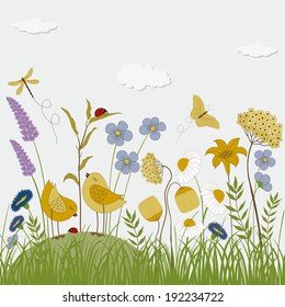 Floral background with birds, butterflies and flowers