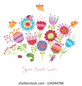 Floral background with birds and flowers