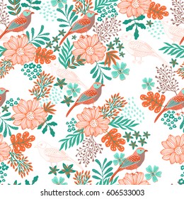 Floral Background .Birds seamless pattern. 