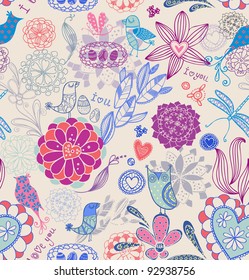 Floral background with birds. seamless pattern in vector