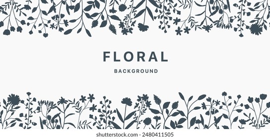 Floral background black silhouette. Wildflowers seamless border. Flower plant pattern leaf design. Spring summer abstract floral frame, card for wedding invitation. Vector illustration flora decor