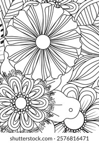 Floral background. Black and white illustration for coloring book page. Doodles Flowers Coloring Pages . Adult Flower Coloring Page Floral Zen tangl. Stress Free Relaxation Meditation Line Art Vector 