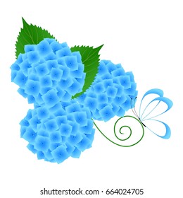 Floral background with blooming blue hydrangeas and butterfly.