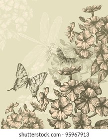 Floral background with blooming phlox and flying butterflies, hand-drawing. Vector.