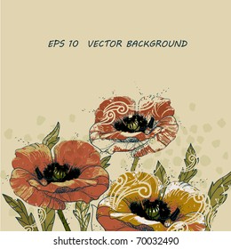 floral background with blooming poppies and swirls