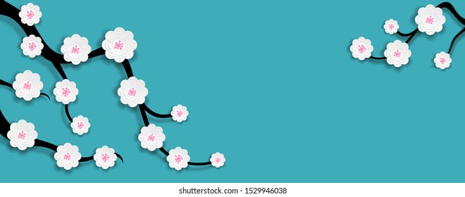 Floral background blooming sakura flowers branch on bright blue backdrop paper cut out style. Spring time season design for banner, poster, flyer with place for your text. Vector illustration
