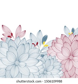 Floral background with blue dahlia flowers. Vector elements for wallpaper, wall decor, creativity, cards, invitations.
