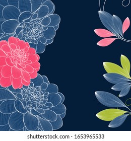 Floral background with blue dahlia flowers. Vector elements for wallpaper, wall decor, creativity, cards, invitations.