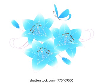 Floral background with blue lilies and butterfly.