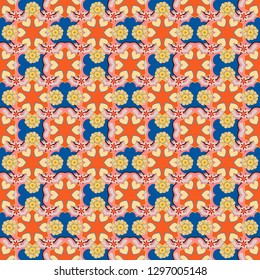 Floral background in blue, orange and beige colors for printing on fabric, paper for scrapbooking. Vector retro cute seamless pattern with many flowers.