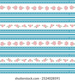 Floral background, blue, pink, white, roses, pattern, flower, lace, stripe, retro, vintage, fabric, fashion, texture, romantic, bohemian, flat style, vector illustration, elegant. 