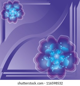 Floral background with blue-purple flowers and decorative lines. Greeting or invitation card. Vector illustration