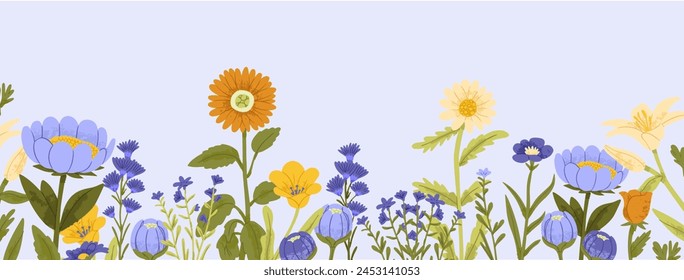 Floral background with border frame of bright summer leaf, flowers and foliage plants. Horizontal banner with abstract spring leaves. Multicolored flat vector illustration of modern botanical backdrop