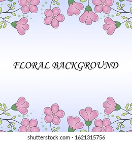 Floral background, borders from twigs with light purple flax flowers and yellow-green leaves, dots, periwinkle background. Great as a background for a poster, web pages, advertising, or other.