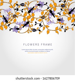 Floral background with branch and leaves. Tropical botanical Motifs. Yellow, Blue colors. Printing with in hand drawn style. Flourish ornamental garden.