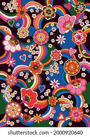 Floral Background, Bright Colors 1960s Hippie Art Style 