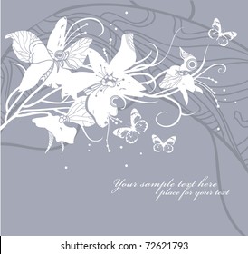 floral background with bright flowers and butterflies
