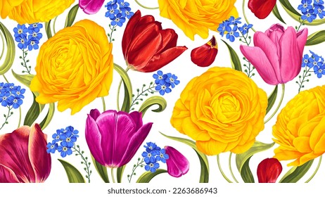 Floral background with bright spring May flowers. Yellow Ranunculus and colorful Tulips. Hand-drawn vector realistic flowers. Template for postcards, advertising banners, clothing prints.