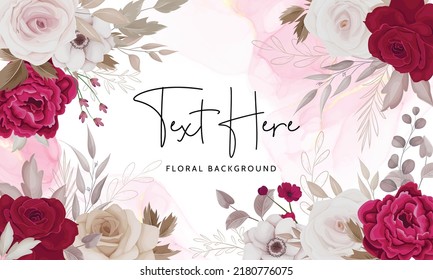 Floral background of brown and maroon roses and leaves arrangements