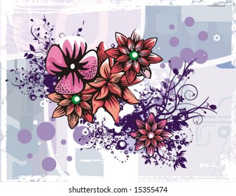 Floral background with a bunch of flowers and grunge details, vector illustration series.