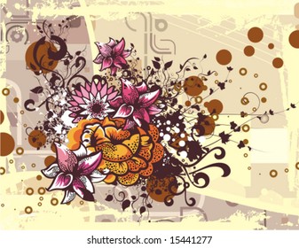 Floral background with a bunch of flowers and grunge details, vector illustration series.
