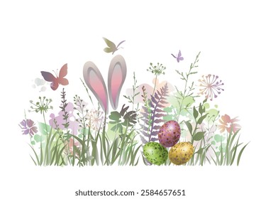 Floral background with bunny ears , wildflowers, eggs and butterflies. Easter backgrounds. Vector illustration.	