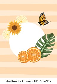 floral background with butterflies and oranges scene vector illustration design