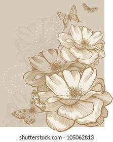 Floral background with butterflies and roses, hand-drawing. Vector.