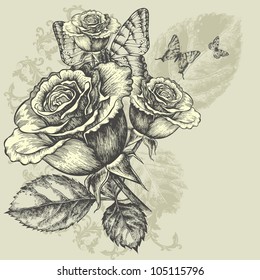 Floral background with butterflies and roses, hand-drawing. Vector illustration.