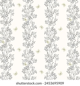 Floral background with butterflies.Vector seamless pattern with butterflies on a white background with abstract plants.