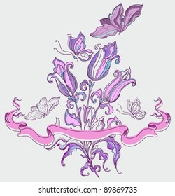 floral background with butterfly and ribbon. Romantic card, vector