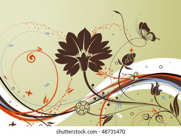Floral background with butterfly and wave pattern, element for design, vector illustration