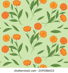 Floral background with calendula blooming branches. Orange flowers. Wallpaper, seamless pattern, decorative texture for textile, fabric, home decor, packaging, label