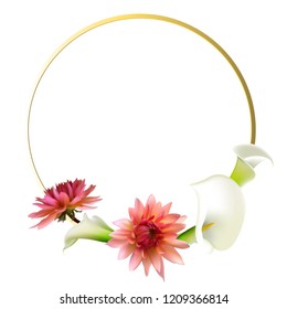 Floral background. Callas. Dahlia. Flowers. Pink. Petals. Border. Flower pattern. White. Bouquet. Gold ring.