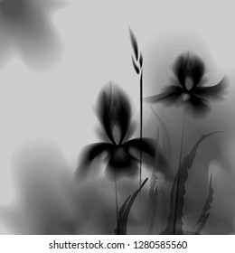 Floral background. Calligraphy ink. Stylized calligraphic ink iris. Irises ink effect. Stylization under the work of Chinese artists.