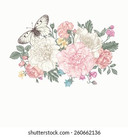 Floral background. Card with a bouquet of flowers and a butterfly. Peonies, roses, buttercups, peas.