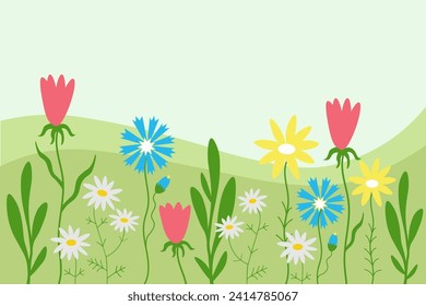Floral background card hand drawn cartoon banner landscape field with blooming wildflowers, daisies, cornflowers, plants, grass flat vector illustration green motif. Template floret design backdrop