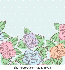 Floral background for card, invitation, paper. Multicolored pastel roses on blue polka dot background