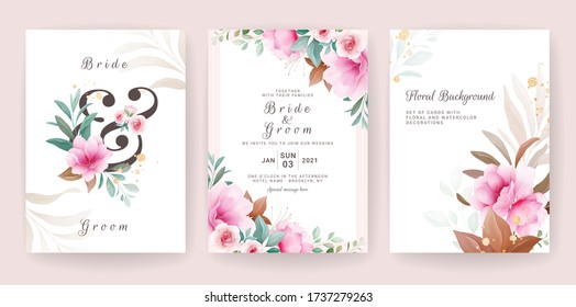 Floral background card. Wedding invitation template set with flowers & glitter decoration for save the date, greeting, poster, and cover design