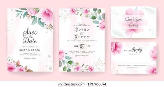 Floral background card. Wedding invitation template set with flowers & glitter decoration for save the date, greeting, poster, and cover design